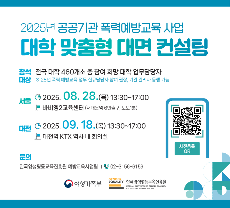 2025년 공공기관 폭력예방교육 사업 대학 맞춤형 대면 컨설팅 참석대상 전국 대학 460개소 중 참여 희망 대학 업무담당자 ※25년 폭력 예방교육 업무 신규담당자 참여 권장, 기관 관리자 동행 가능 서울 2025. 08. 28.(목) 13:30~17:00 바비엥2교육센터 (서대문역 6번출구, 도보1분) 대전 2025. 09. 18.(목) 13:30~17:00 대전역 KTX 역사 내 회의실 주요프로그램 13:30~13:40 개회 및 일정 안내 13:40~14:50 현장에서 답을 찾다: 대학별 폭력예방교육 운영 사례 공유  - 실제 운영 우수사례를 중심으로  * 대학 전담 컨설팅단의 사례토론과 질의응답 포함 14:50~16:00 함께 묻고 답하다: 대학별 실천 노하우 라운드테이블- 대학 폭력예방교육 운영 과제와 해법 논의 - 현장 경험 기반 토론 및 상호 자문 * 대학 전담 컨설팅단의 사례 특화 컨설팅 포함 16:00~17:00 대학 맞춤형 1:1 대면 컨설팅  - 희망 대학 대상(사전 수요 조사) 대학 전담 컨설팅단의 1:1 컨설팅 문의 한국양성평등교육진흥원 예방교육사업팀 Ⅰ     02-3156-6159